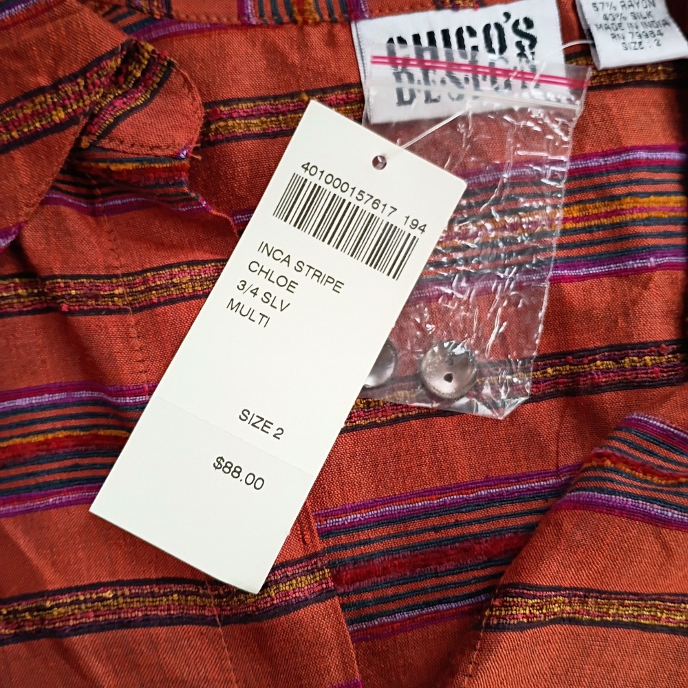 Chicos Design Inca Stripe Silk Blend Button Down Shirt Vtg Orange Multi Size 2 - Picture 8 of 8